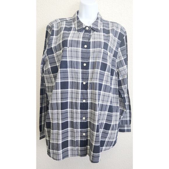 Old Navy Black White Plaid Button Up Top 2X Plus Lightweight Collard Long Sleeve - Picture 1 of 5